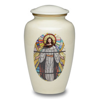 White Cremation Urn with Jesus by Stained Glass