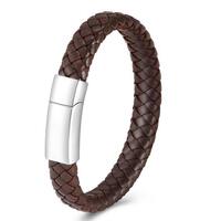 Braided Brown Leather Bracelet Silver Tone Clasp