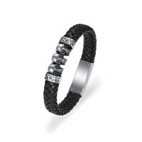 Black Braided Leather 3 Skull Bracelet Urn 